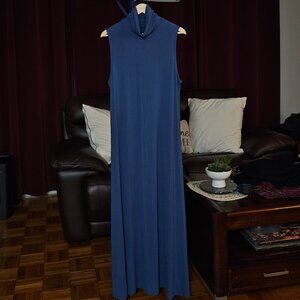 Women's Knit Blue Sleeveless Mock Neck Sheath Midi Dress